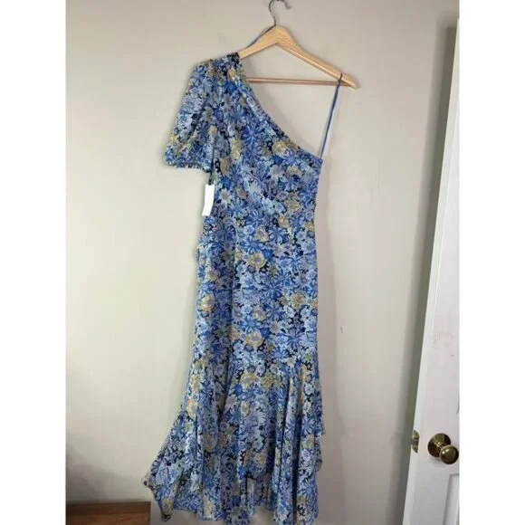 NWT ASTR Santorini One Shoulder Puff Sleeve Blue Peach Floral‎ Midi Dress Sz: XS